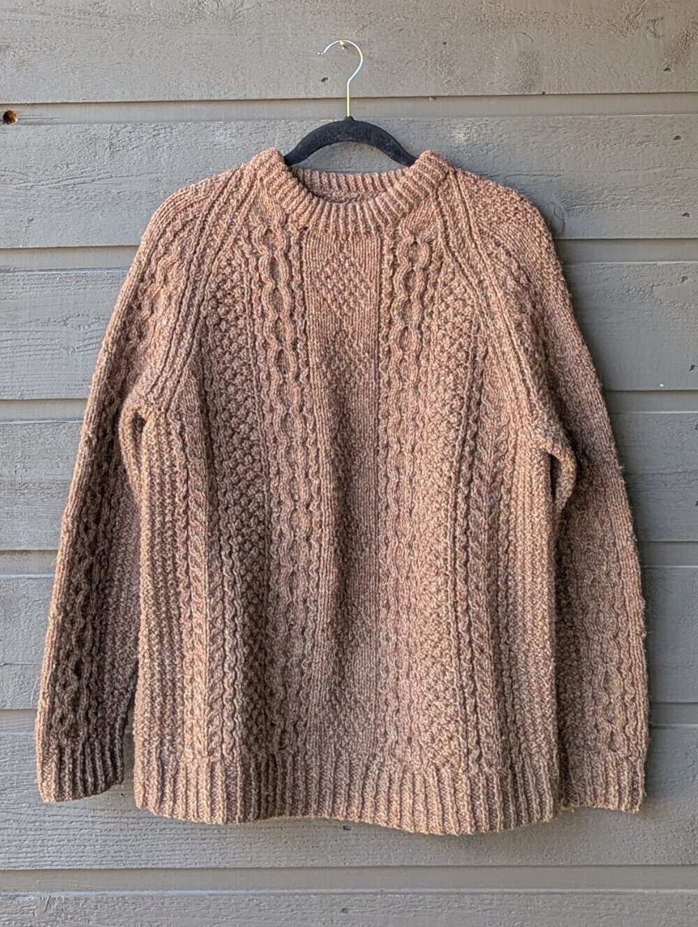 Handknit 100% Wool Fisherman Crew Neck Sweater Brown Cable Knit Unisex Medium